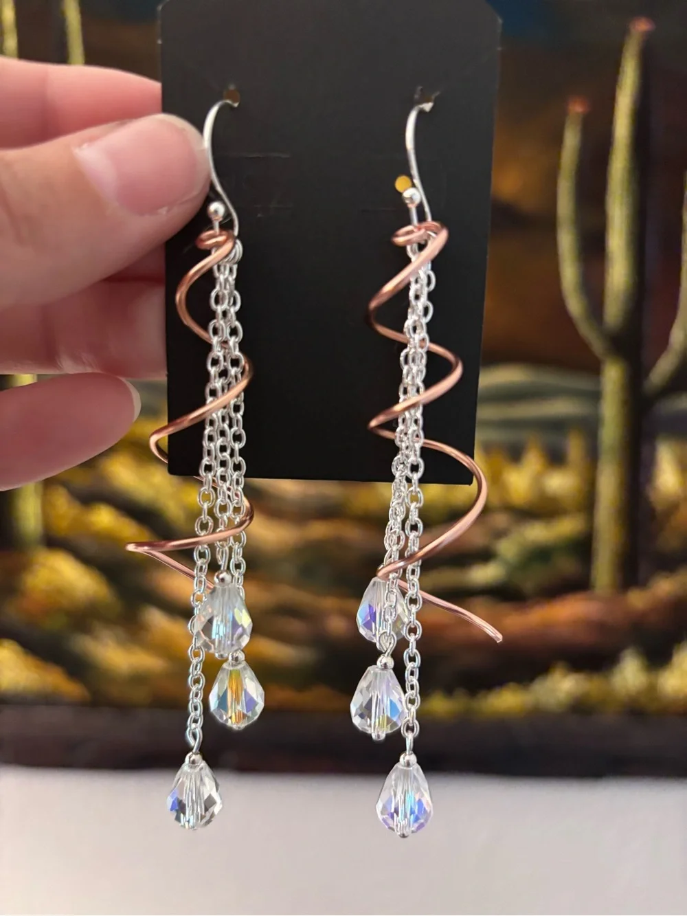 Spiral Drop Earrings with chain Accent and AB Crystal Teardrops
